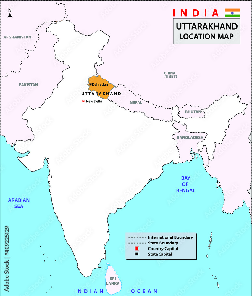 Poster Uttarakhand Map. Highlight Uttarakhand map on India map with a boundary line. India details map.