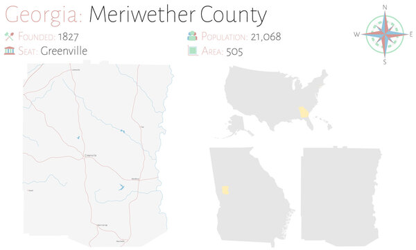 Large and detailed map of Meriwether county in Georgia, USA.
