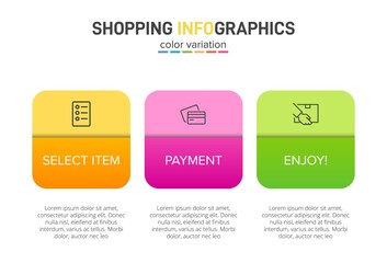 Concept of shopping process with 3 successive steps. Three colorful graphic elements. Timeline design for brochure, presentation, web site. Infographic design layout.