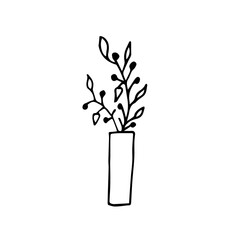 Doodle twig in a vase with leaves and berries. Vector illustration of a plant in a vase can be used for decoration of packaging, cosmetics, clothing