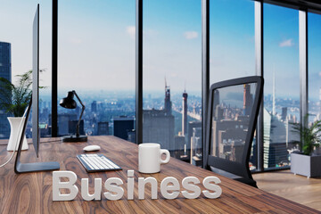 business; office chair in front of modern workspace with computer and skyline view; company concept; 3D Illustration