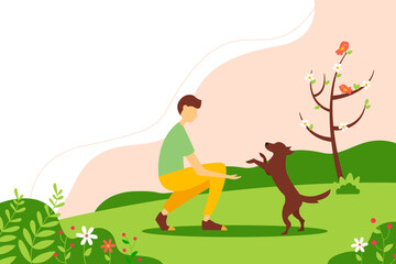 Man playing with a dog in the Park. Concept illustration of outdoor recreation. Spring vector illustration in flat style.