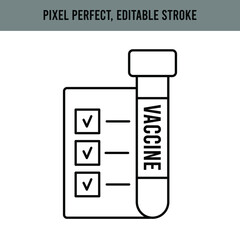 Approval on a sheet of paper icon for web design. Check mark vector icon. Outline symbol. List of approved vaccine, medicine, drug. Isolated on a white background. Editable stroke. 