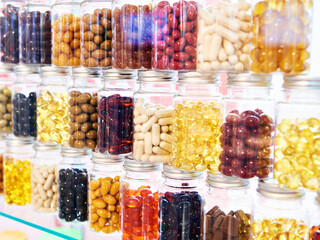 Capsules dietary supplements in pharmacy store
