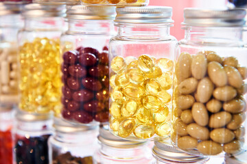 Capsules dietary supplements in pharmacy store