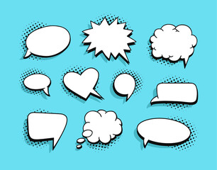 Pop art heart speech bubble without text. Cartoon style vector collection of frames. Comic illustration on blue background