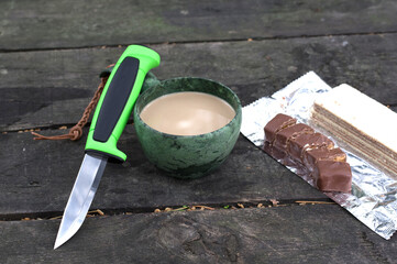 Snack in nature. Snack in the forest. Coffee and chocolate.