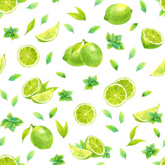 Isolated seamless watercolor pattern with lime and mint on white background