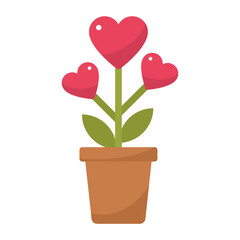 Shiny Heart Shape Red Roses in Pot with Leaf Vector Icon Design, Love and Romance Symbol on White background, Valentines Day Present Concept, Romantic Gift Idea,