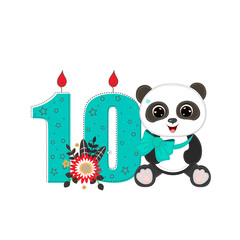 Number ten and a cute cartoon panda boy. Perfect for greeting cards, party invitations, posters, stickers, pin, scrapbooking, icons. Birthday concept