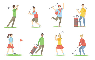 Golf players set. Cartoon people with brassies playing golf on lawn, having fun, enjoying activity. Vector illustration for golf club, hobby, sport, active lifestyle concept