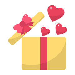 Yellow and Pink Surprise Gift Box with Ribbon and Heart sign, Valentines Cardboard Gift Box Vector Color Icon Design, love and romance symbol on white background