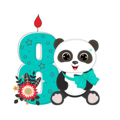 Number eight and a cute cartoon panda boy. Perfect for greeting cards, party invitations, posters, stickers, pin, scrapbooking, icons. Birthday concept