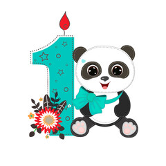 Number one and a cute cartoon panda boy. Perfect for greeting cards, party invitations, posters, stickers, pin, scrapbooking, icons. Birthday concept