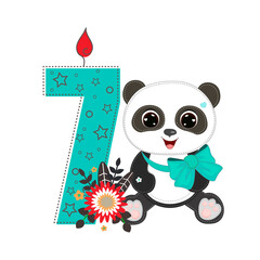Number seven and a cute cartoon panda boy. Perfect for greeting cards, party invitations, posters, stickers, pin, scrapbooking, icons. Birthday concept