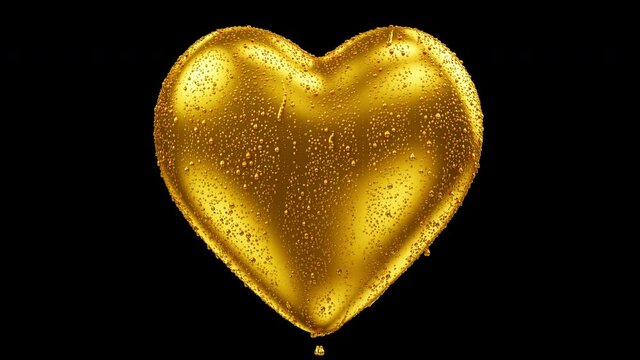 Golden paint color condensate drop on golden Heart Shape on Black background. Valentine concept idea. 3D animation. Close up