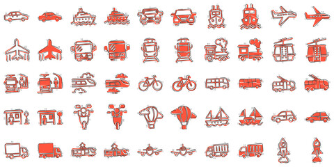 Transport icon set in comic style. Car vector cartoon collection illustration on white isolated background. Shipping transportation splash effect business concept.