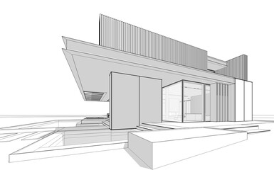3d rendering of modern cozy house with parking and pool for sale or rent with wood plank facade.  Black line sketch with soft light shadows on white background.