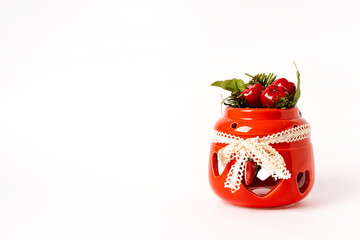 Red Ceramic Christmas Candle Holder on White background