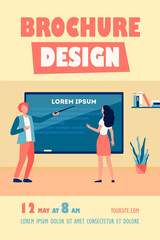 Teacher explaining task to student. Man pointing at blackboard, showing text sample flat vector illustration. Education, class, studying concept for banner, website design or landing web page