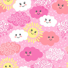 Cute suns and clouds seamless pattern