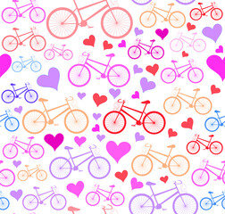 Vector seamless pattern with multicolored bikes and hearts, 