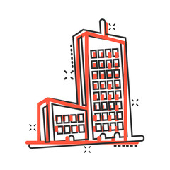 Naklejka premium Building icon in comic style. Town skyscraper apartment cartoon vector illustration on white isolated background. City tower splash effect business concept.