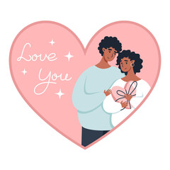 Valentine's day greeting card with a couple in love in a flat style