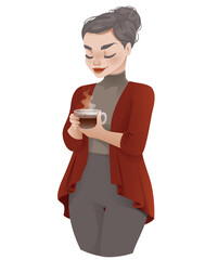 Cozy Cartoon Female Drinking a Hot Drink