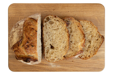 Fresh bread slice on rustic table. Food close up.