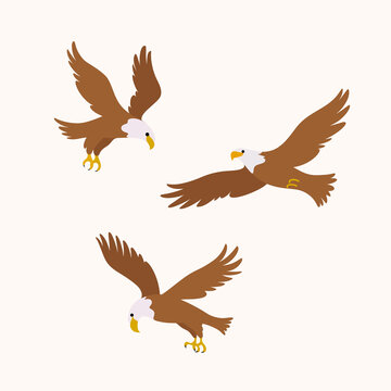 Cartoon eagle icon set. Cute bird in different poses. Vector illustration for prints, clothing, packaging, stickers.