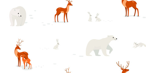 Seamless trendy animal pattern with hare, bear, deer and fawn. Cartoon vector illustration. © Lili Kudrili