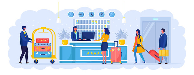 Woman with suitcases is standing at reception desk. Check into hotel. Receptionist welcomes the guest. Bellboy with cart. Vector illustration - obrazy, fototapety, plakaty