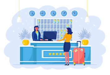 Obraz premium Woman with suitcases is standing at reception desk. Check into hotel. Receptionist welcomes the guest. Hostel interior with administrator. Tourist with luggage in lobby.
