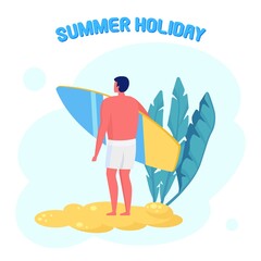 Man standing with surfboard. Surfer in beachwear on beach. Funny surfer. Summer holiday, vacation, extreme sport. Surfing concept.