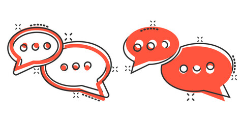 Speak chat sign icon in comic style. Speech bubbles cartoon vector illustration on white isolated background. Team discussion button splash effect business concept.