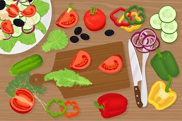 Cutting board with vegetables, knife. Greek salad with feta, tomatoes, cucumber, olives, lettuce, pepper, onion in white plate. Healthy diet. Vector illustration