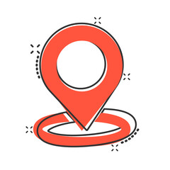 Map pin icon in comic style. Gps navigation cartoon vector illustration on white isolated background. Locate position splash effect business concept.