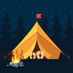 Night landscape with tent, campfire, forest. Summer camp, nature tourism. Camping or hiking concept. Vector illustration