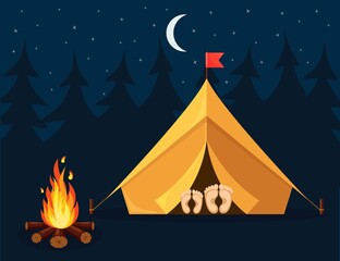 Night landscape with tent, campfire, forest. Summer camp, nature tourism. Camping or hiking concept. Vector illustration