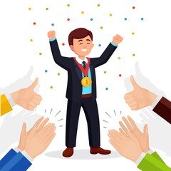 Applause, ovation, claps to winner. Business man with a gold medal waving his hands to audience. Vector illustration