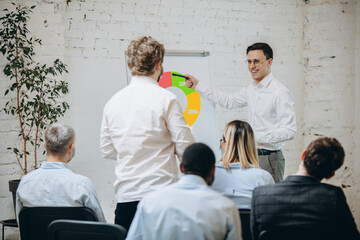 Obraz premium Cheerful. Male speaker giving presentation in hall at university workshop. Audience or conference hall. Rear view of unrecognized participants in face masks. Scientific, business event, training.