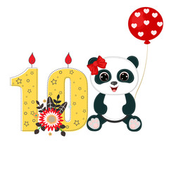 Number ten and a cute cartoon panda girl. Perfect for greeting cards, party invitations, posters, stickers, pin, scrapbooking, icons. Birthday concept