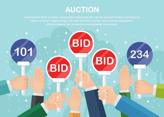 Fototapeta premium Businessman hold auction paddle in hand. Bidding concept. People rise signs with BID inscriptions. Vector illustration