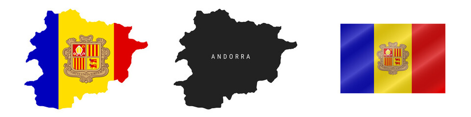 Andorra. Map with masked flag. Detailed silhouette. Waving flag. Vector illustration isolated on white.