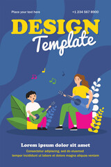 Smiling woman playing guitar with little boy. Song, note, instrument flat vector illustration. Music and entertainment concept for banner, website design or landing web page