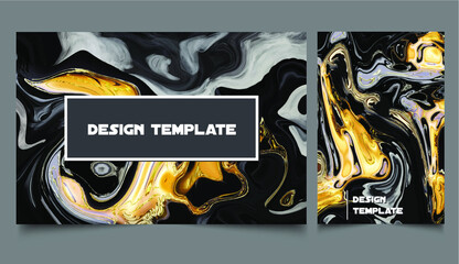 A set of colorful covers with textures . Liquid gold on black and gray background. Vector illustration