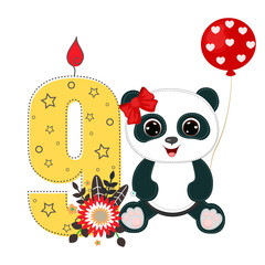 Number nine and a cute cartoon panda girl. Perfect for greeting cards, party invitations, posters, stickers, pin, scrapbooking, icons. Birthday concept