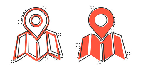 Map pin icon in comic style. Gps navigation cartoon vector illustration on white isolated background. Locate position splash effect business concept.