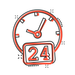 Clock 24/7 icon in comic style. Watch cartoon vector illustration on white isolated background. Timer splash effect business concept.